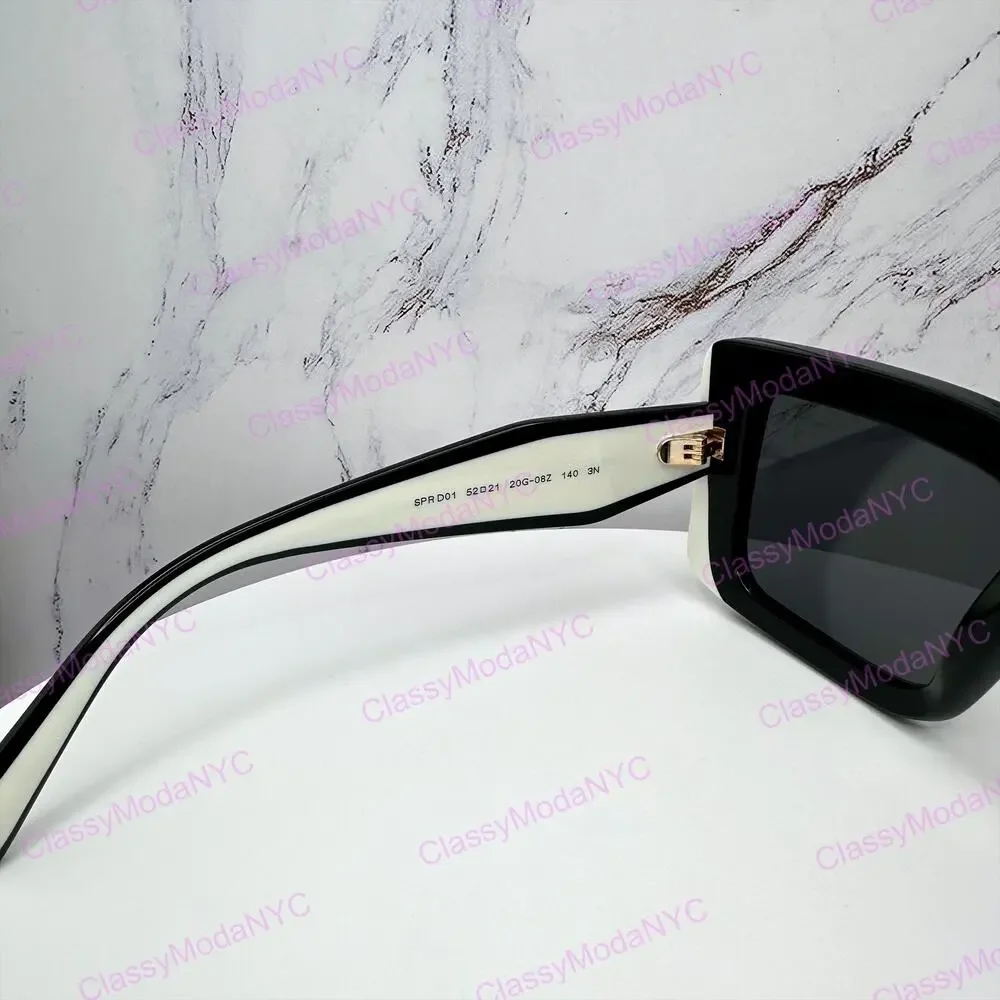 New PRADA Sunglasses Black White Talc Gold Symbole Logo Womens Rectangle